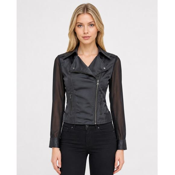 Guess Jackets & Blazers - GUESS Satin Cropped Moto Jacket Sheer Sleeve Black XS Y2K